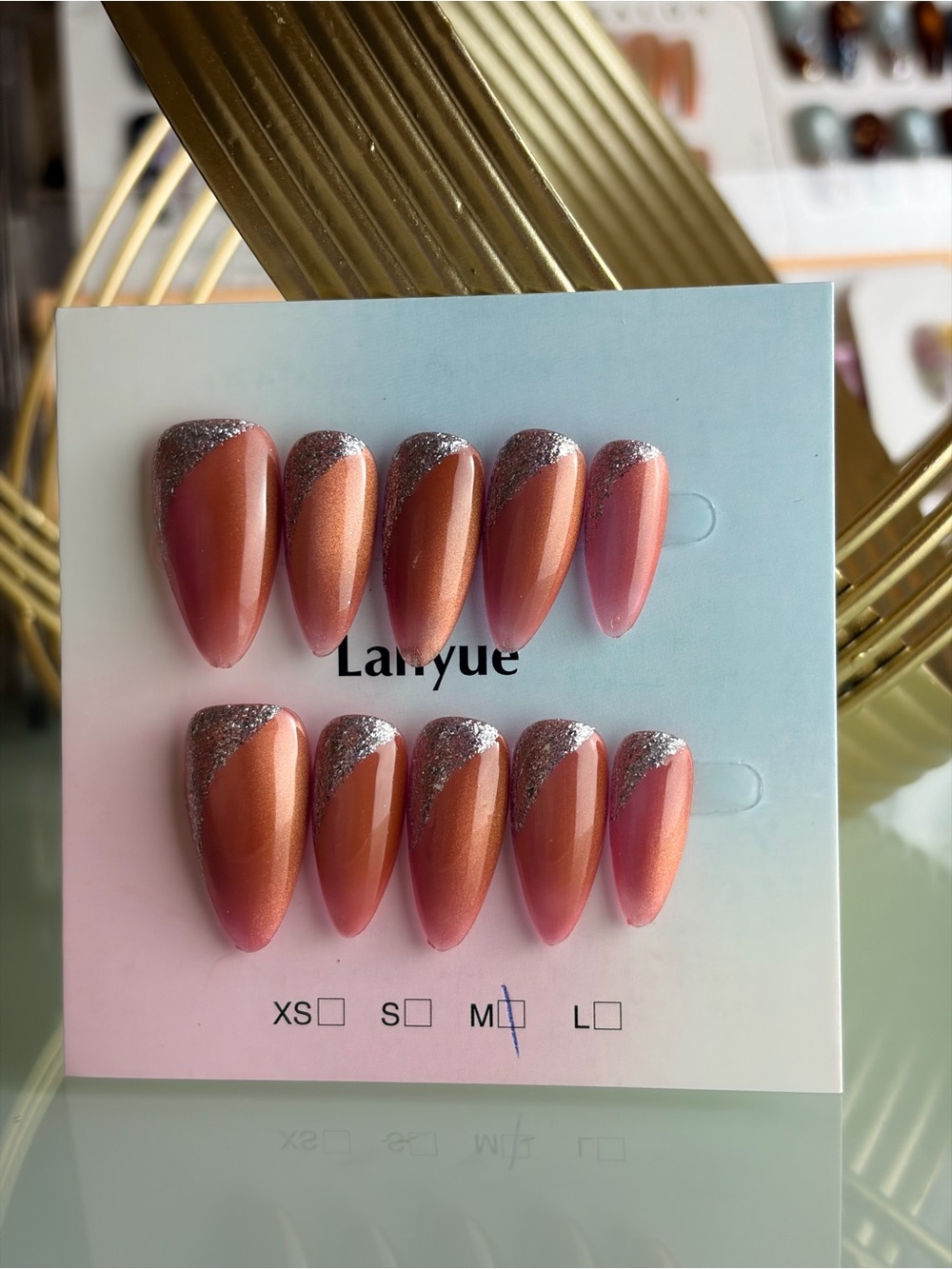 Peach Pink Glitter French Tip Press-On Nails Medium